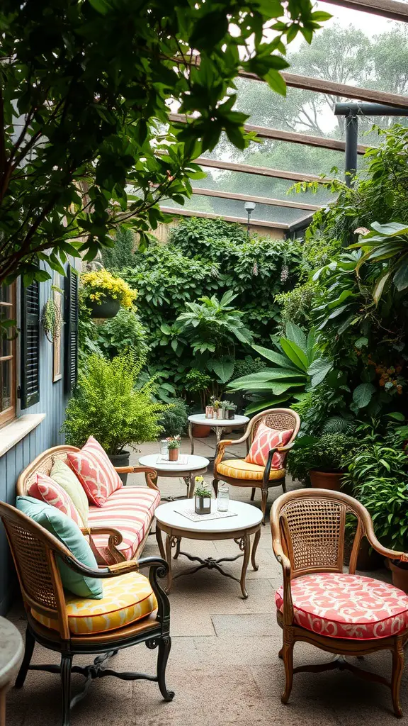 A cozy garden seating area with colorful cushions, surrounded by lush greenery.
