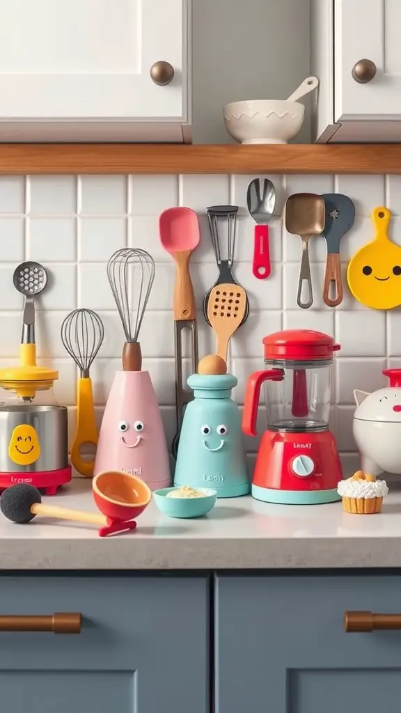 27 Whimsical Kitchen Ideas to Transform Your Cooking Space 14 A colorful kitchen counter with novelty kitchen gadgets, including smiling utensils and a cheerful blender.