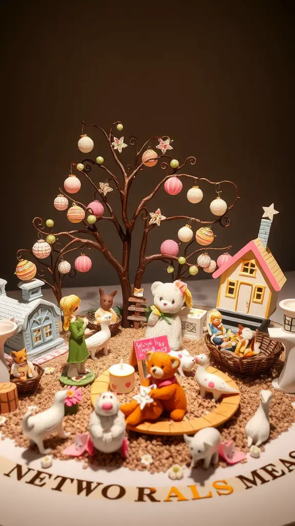 A whimsical centerpiece featuring a tree with colorful ornaments and playful nursery rhyme characters.