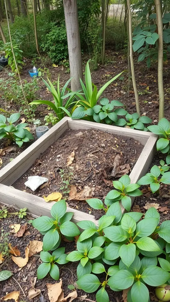15 Inspiring Forest Garden Ideas for Your Outdoor Space 2 A framed compost area surrounded by green plants in a forest garden.