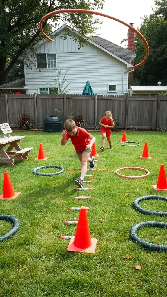 13 Creative Yard Ideas for Kids to Explore and Enjoy 12 Kids in red clothes running through an obstacle course in a backyard with cones and hoops.