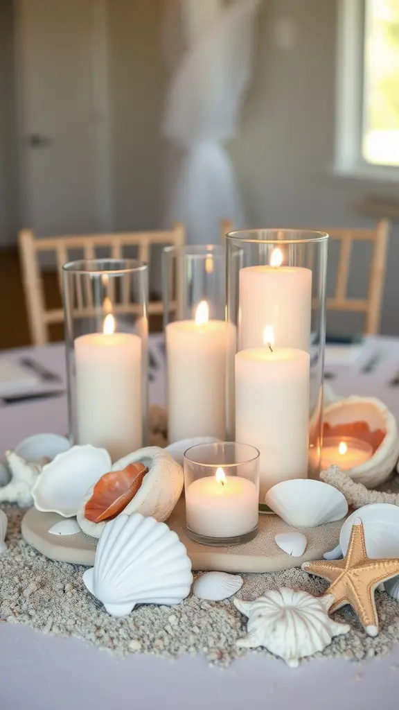 Floating candle centerpiece with seashells and sand for a beach wedding