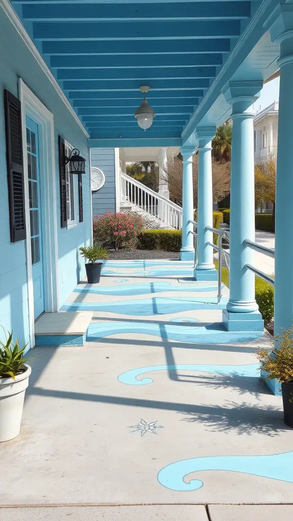 A painted concrete porch with ocean-inspired blue walls and ceiling, featuring wave patterns on the floor and potted plants.