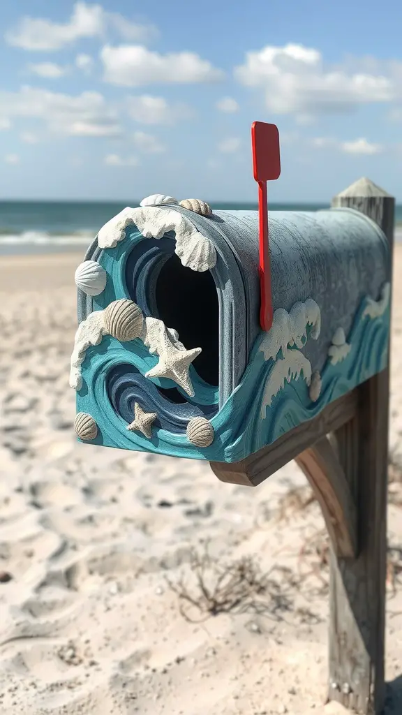15 DIY Painted Mailbox Ideas to Brighten Your Curb Appeal 5 A mailbox designed with ocean waves, seashells, and a red flag, set against a sandy beach.