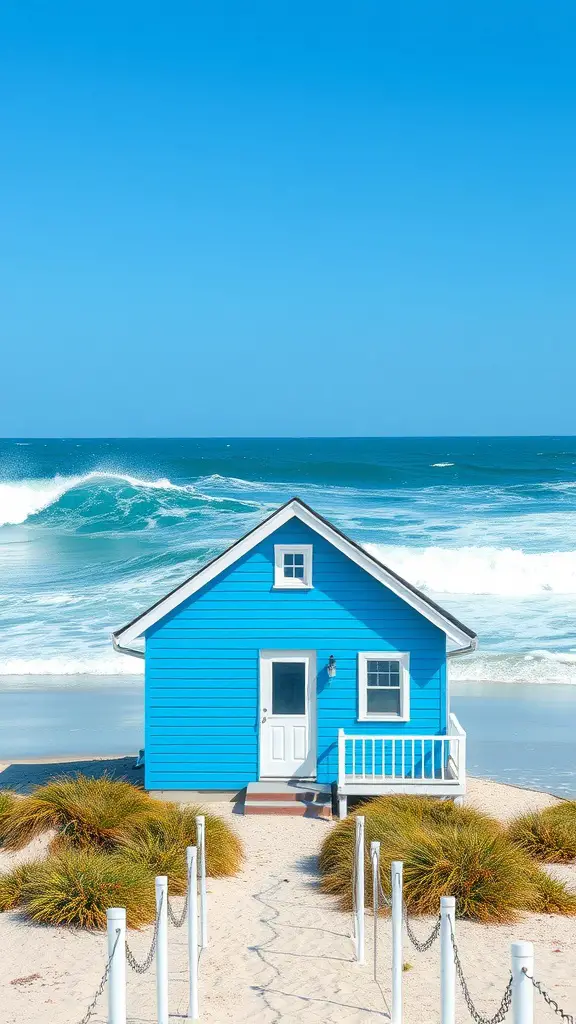 19 Beautiful Exterior House Colors to Transform Your Home 2 A beach house painted in ocean blue with a white door and trim, surrounded by sandy paths and waves in the background.