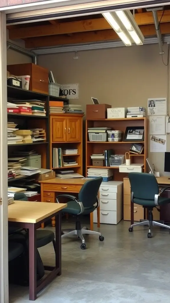 21 Creative Garage Sale Ideas to Boost Your Sales 16 A view of a garage with organized office supplies and furniture, including desks and chairs.