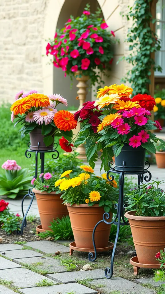 Colorful flowers in pots placed on old-fashioned iron plant stands in a garden