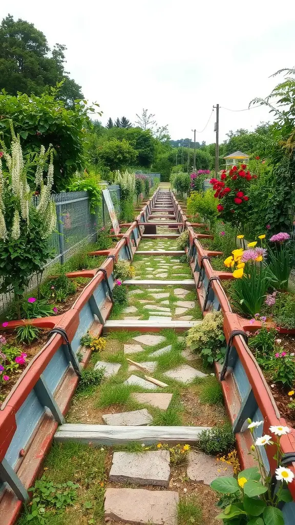 21 Creative Garden Ideas Using Used Boats 5 A garden pathway made from old boats, lined with colorful flowers and stone pavers.