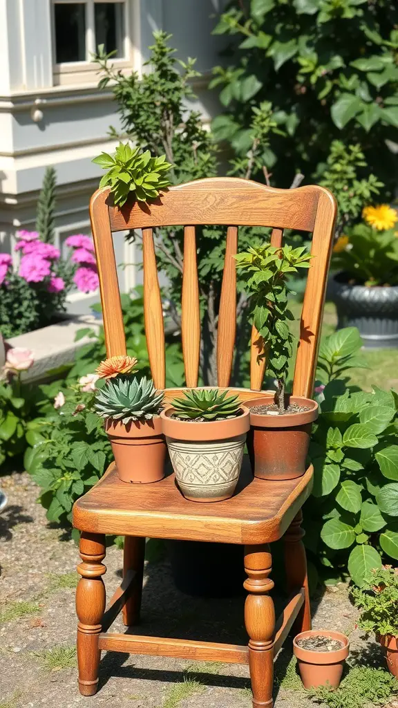 15 Creative Repurposed Items to Transform Your Garden 13 A wooden chair used as a plant stand with multiple potted plants.