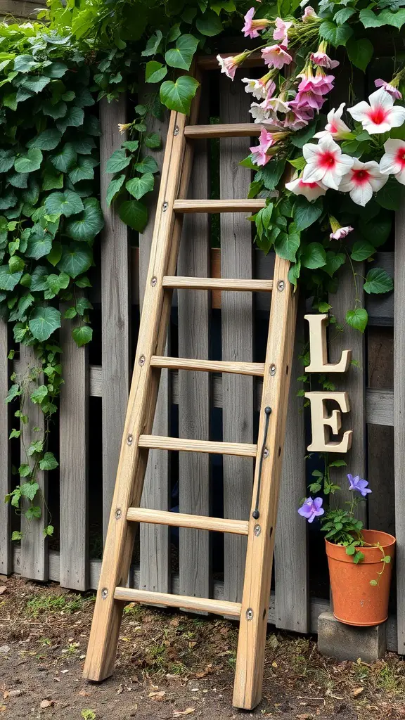 15 Creative Repurposed Items to Transform Your Garden 2 A wooden ladder leaning against a wooden fence, covered with green vines and colorful flowers.