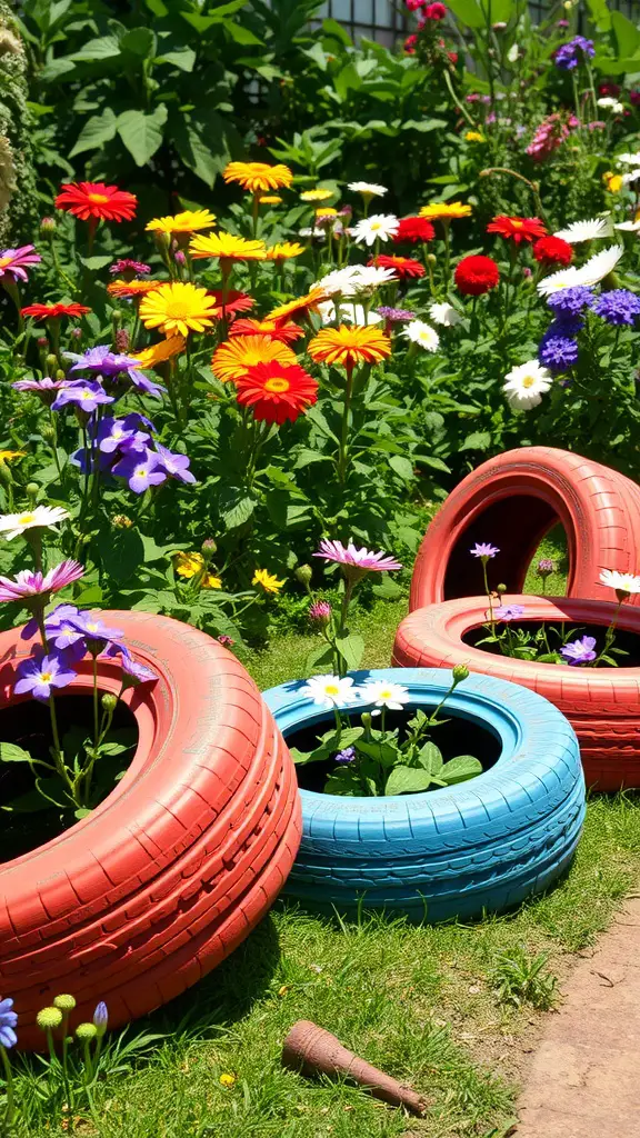 15 Creative Repurposed Items to Transform Your Garden 11 Colorful tires used as planters among blooming flowers in a garden