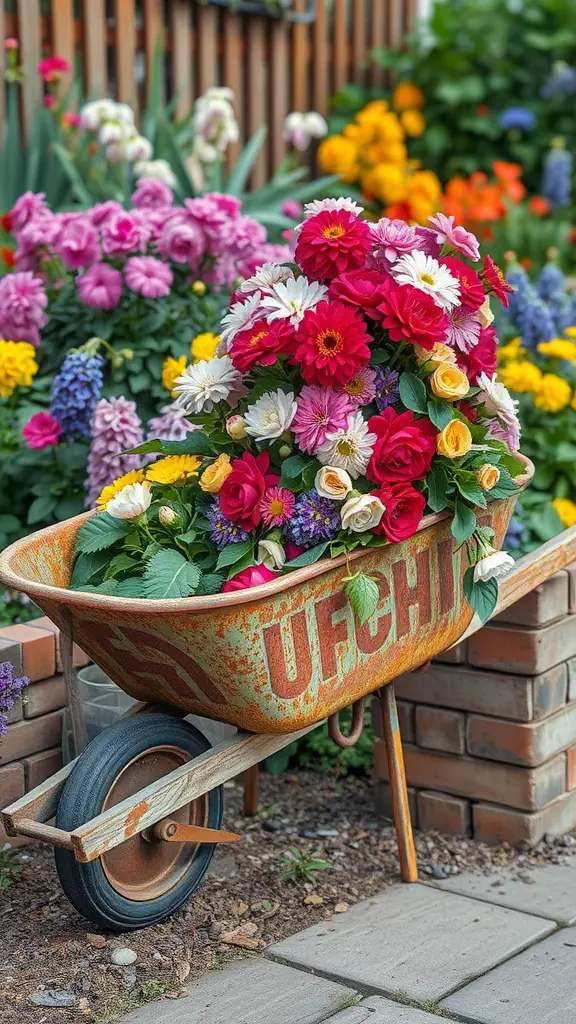 15 Creative Repurposed Items to Transform Your Garden 12 A colorful display of flowers in an old wheelbarrow
