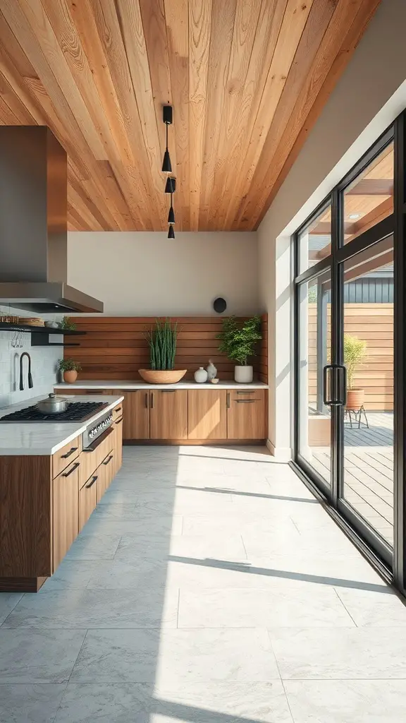 19 Stunning Covered Outdoor Kitchen Design Ideas You’ll Love 15 A modern open-concept outdoor kitchen with wooden cabinetry, large glass doors, and a wooden ceiling.
