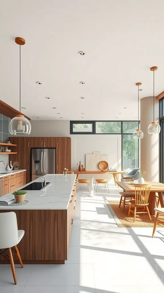 21 Stunning Luxury Kitchen Design Ideas for Your Dream Home 5 A modern open concept kitchen with wooden cabinetry, white countertops, and a dining area filled with natural light.