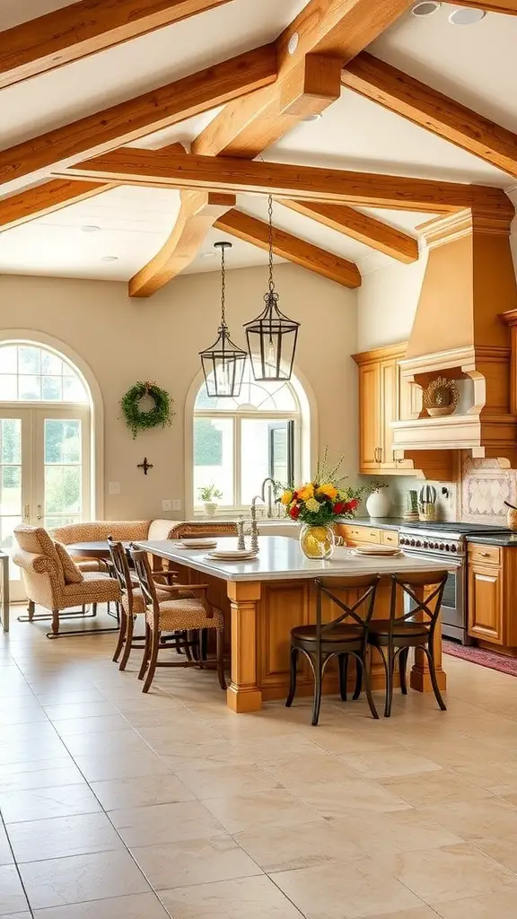 A spacious open concept kitchen with wooden beams, an island, and cozy seating.