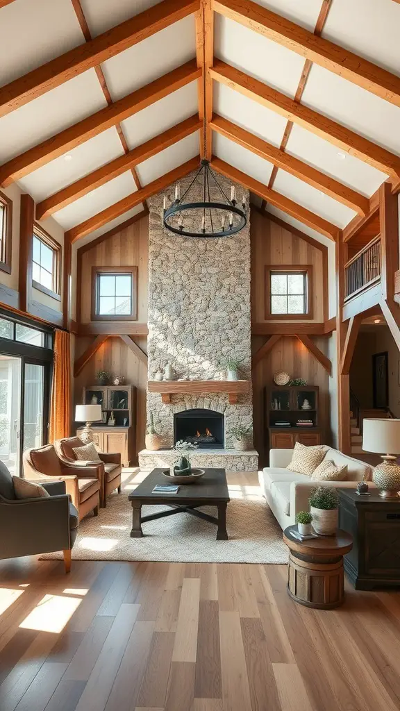 Open concept living space with rustic charm featuring a stone fireplace and wooden beams.