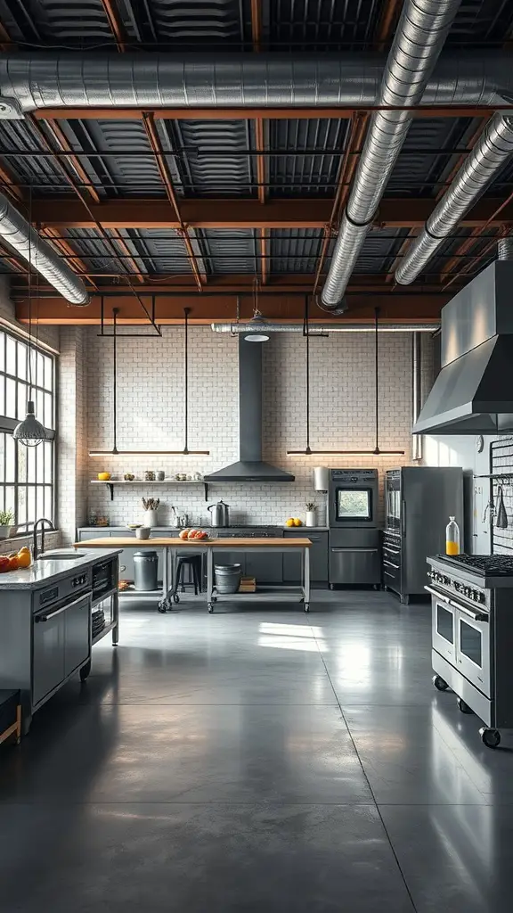 Modern industrial kitchen with an open floor plan featuring large windows and spacious layout.