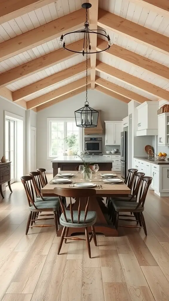 19 Stunning Modern Farmhouse Dining Room Ideas You’ll Love 12 A modern farmhouse dining room with a wooden table and chairs, exposed beam ceiling, and large windows.
