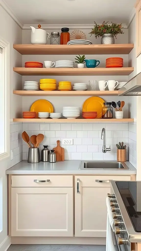 A small kitchen with open wooden shelves displaying colorful plates, cups, and decorative items.