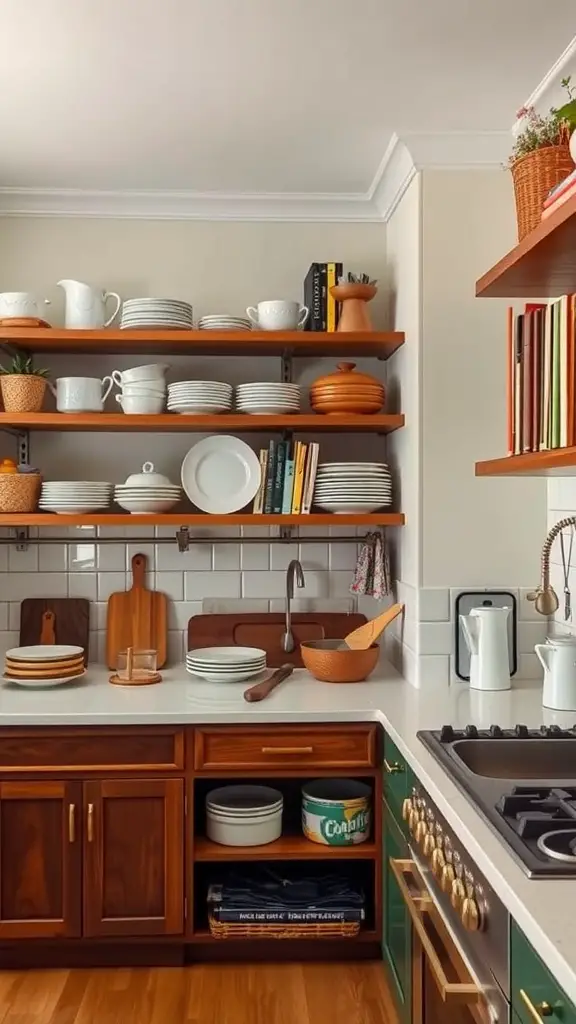 A kitchen featuring open shelving with plates, bowls, and decorative items.