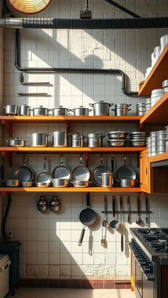Open shelving in an industrial kitchen with pots, pans, and utensils displayed