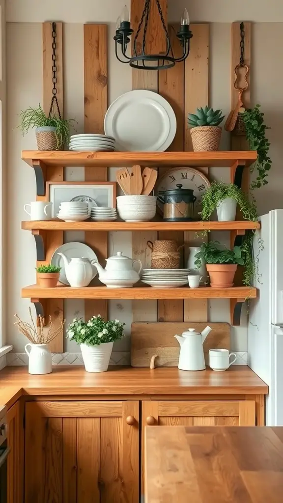 Open shelving in a rustic farmhouse kitchen displaying plates, pots, and greenery.