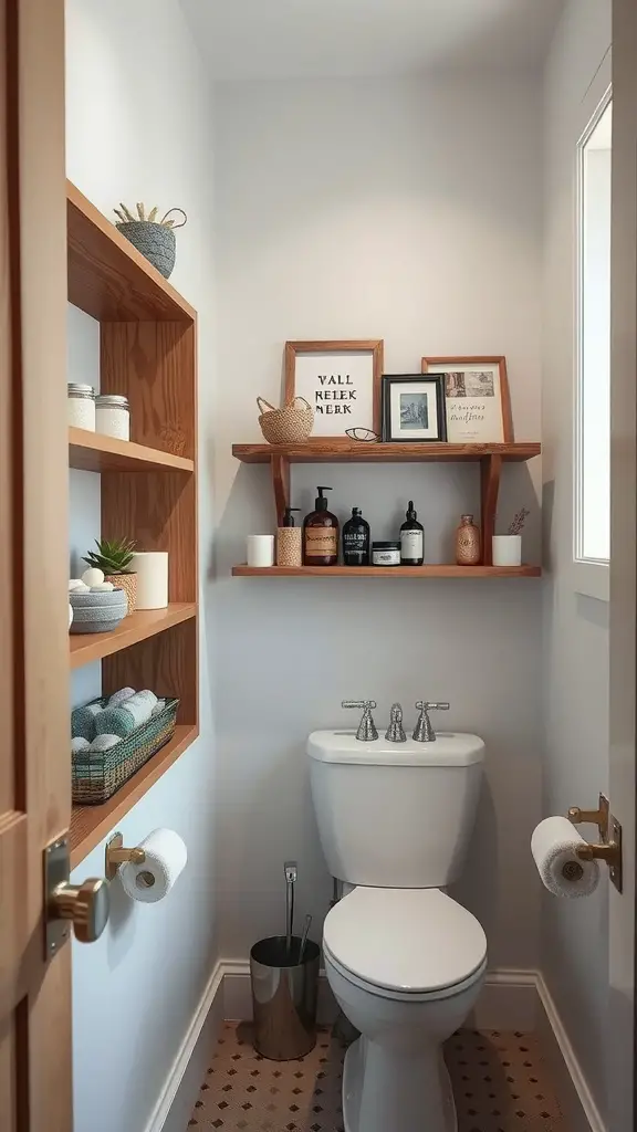 A small rustic bathroom featuring open wooden shelves with decorative items and storage baskets.