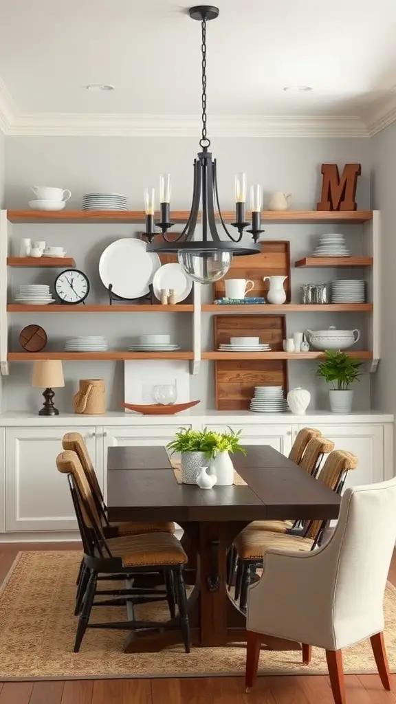 19 Stunning Modern Farmhouse Dining Room Ideas You’ll Love 10 Modern farmhouse dining room with open shelving displaying dishes and a rustic chandelier.