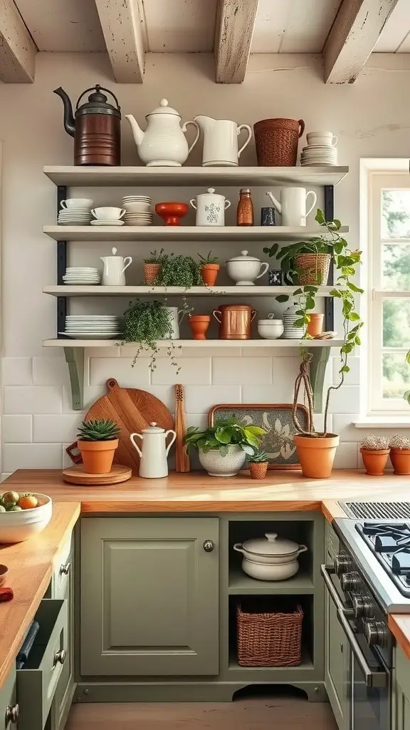 Open shelving in a rustic French cottage kitchen displaying dishware and plants.
