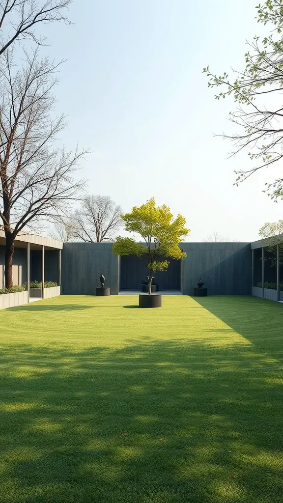 23 Inspiring Minimalist Garden Ideas for a Stylish Outdoor Space 10 Minimalist garden with green grass, a single tree, and surrounding modern architecture.