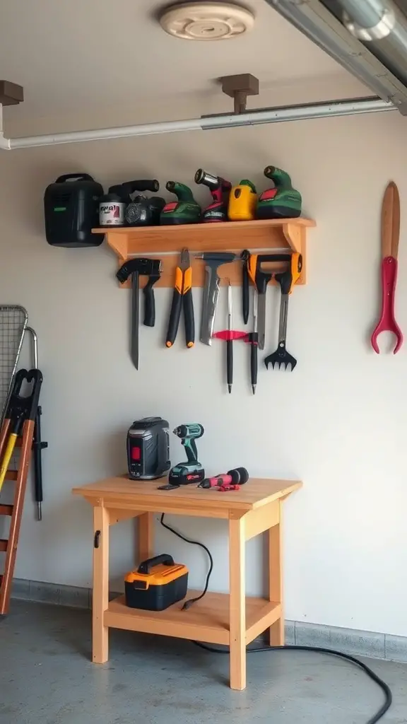 21 Creative Garage Workbench Ideas to Maximize Your Space 7 A wall-mounted workbench in a garage with tools on a shelf above.
