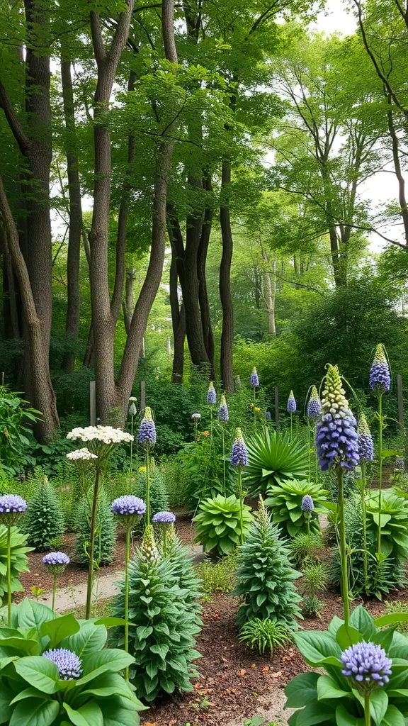 15 Inspiring Forest Garden Ideas for Your Outdoor Space 15 A lush forest garden featuring various green plants and colorful flowers.