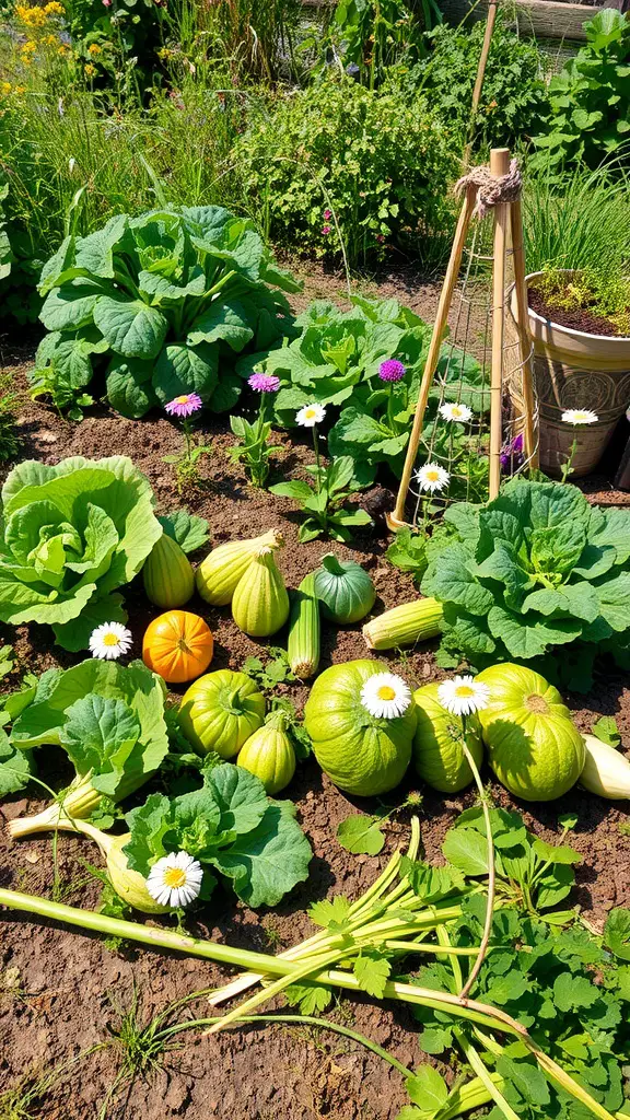 An organic vegetable patch with various vegetables and flowers, showcasing a vibrant garden.