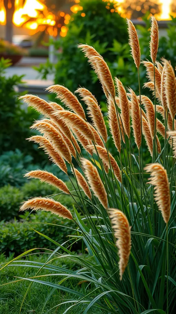 Golden ornamental grasses in bloom with a sunset background