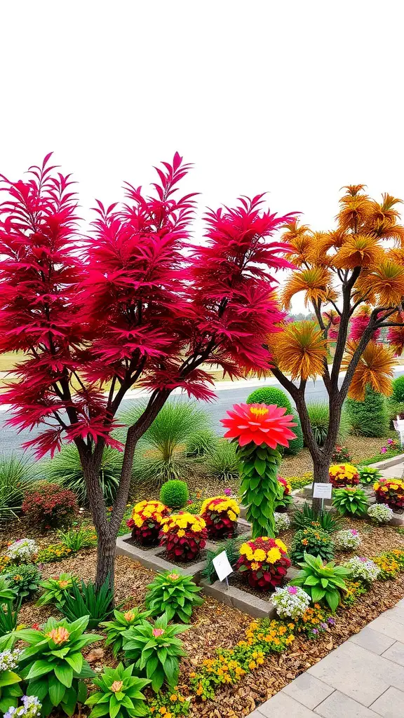 Vibrant ornamental trees in a small garden setting with colorful flowers.