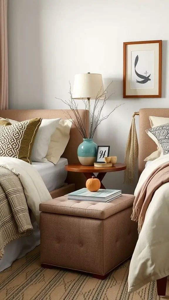 A tan ottoman used as a bedside table with storage, beside a bed with decorative items.