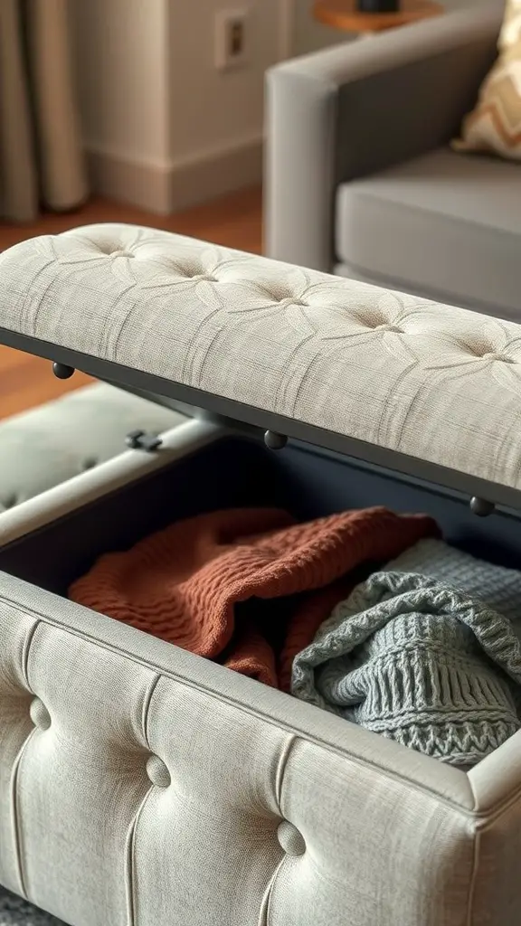 A tufted storage ottoman with the lid open, revealing cozy blankets inside.