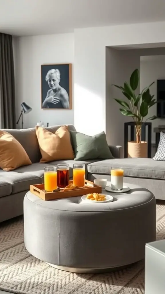 A stylish gray ottoman with a wooden tray on top, holding drinks and snacks in a cozy living room setting.