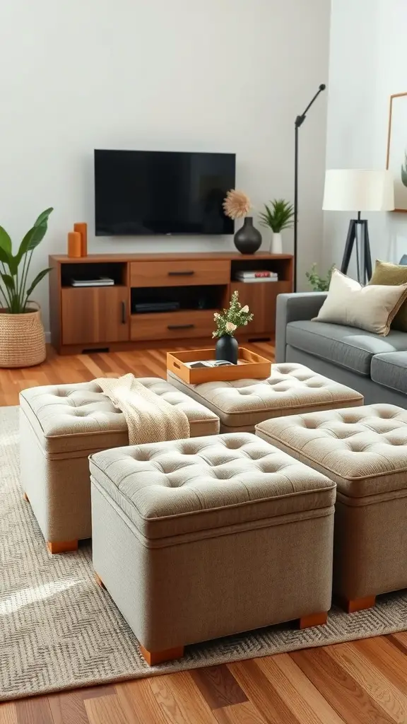 A cozy living room with several square ottomans featuring tufted upholstery, arranged on a textured rug.