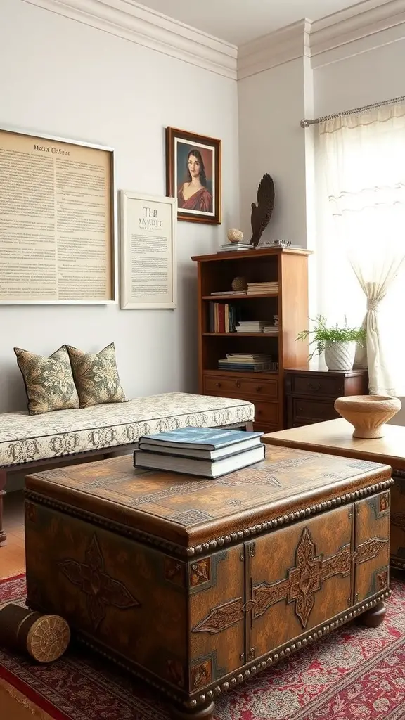 A vintage-style storage ottoman with intricate designs, surrounded by warm decor elements in a cozy living room.