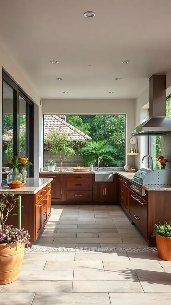 23 Stunning Modern Kitchen Ideas You Need to See 16 Modern kitchen with large windows, dark wood cabinetry, and potted plants, showcasing an indoor-outdoor flow.