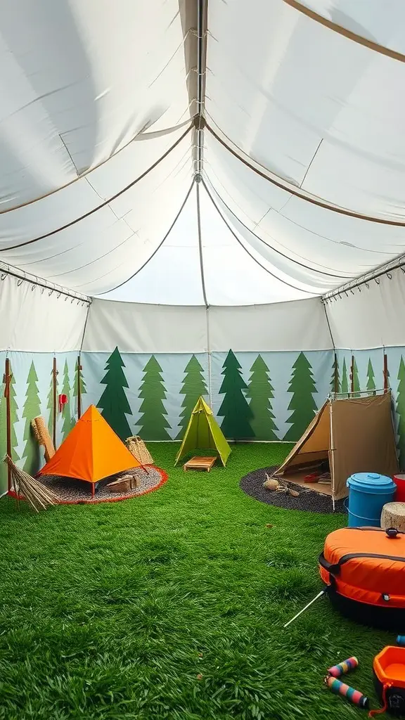 21 Creative Indoor Fort Ideas for Kids 4 Indoor fort inspired by outdoor camping with colorful tents and artificial grass.