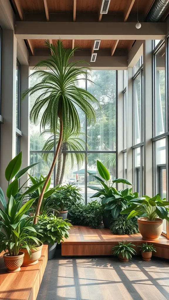 Indoor plant room with large windows, showcasing various green plants and wooden seating.