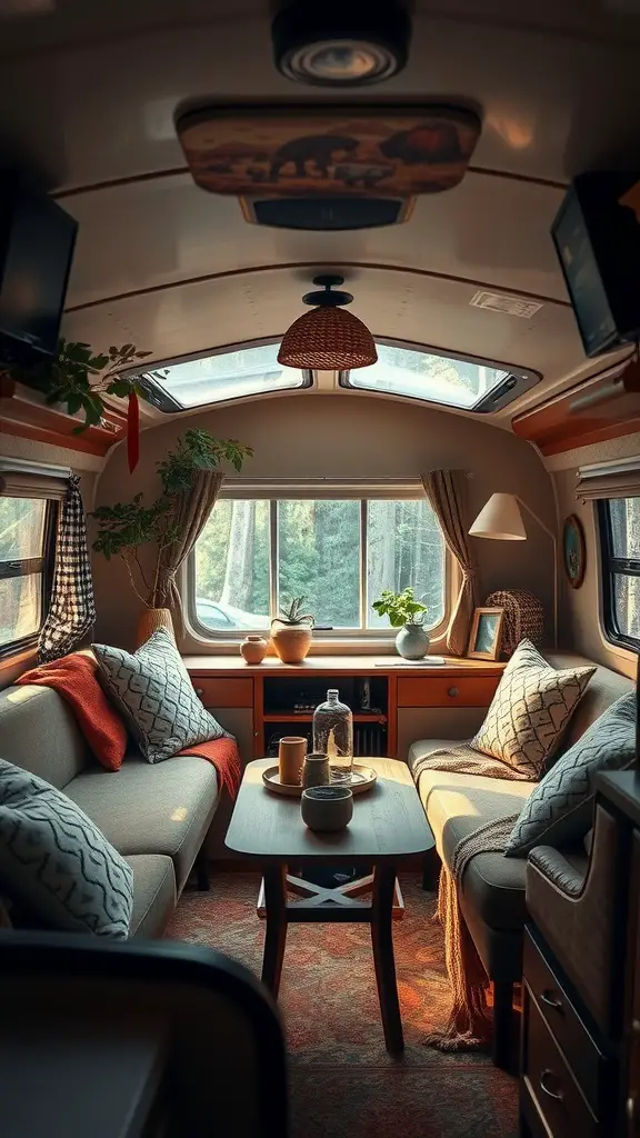 Cozy camper interior with natural decor, showcasing earthy tones and plants.