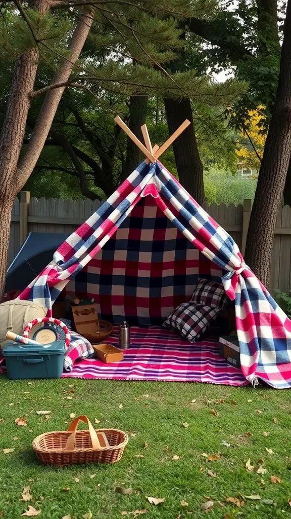 23 Creative Blanket Fort Ideas for Ultimate Cozy Fun 9 A cozy outdoor blanket fort made of plaid blankets and wooden poles, surrounded by trees
