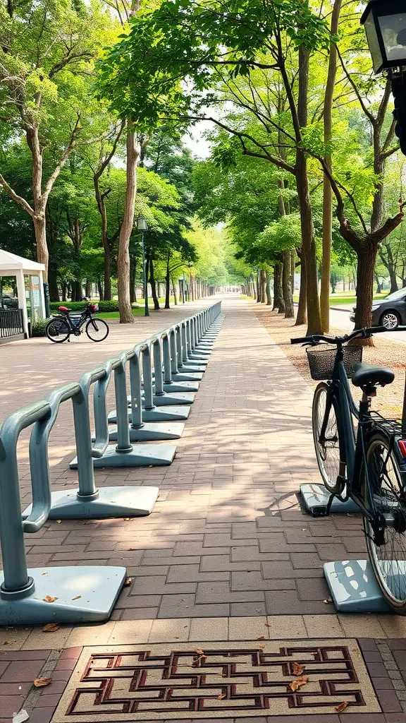 21 Creative Bike Storage Ideas for Small Spaces 7 Outdoor bike racks lined along a tree-lined pathway, with a bike parked at one end