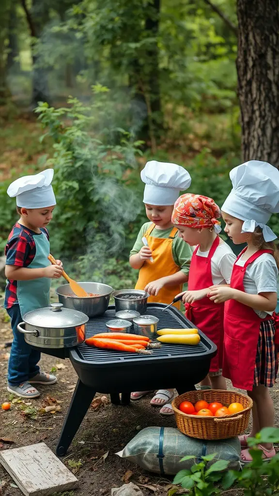 19 Fun Outdoor Birthday Party Ideas for Kids 17 Kids in chef hats cooking outdoors with pots and fresh vegetables.