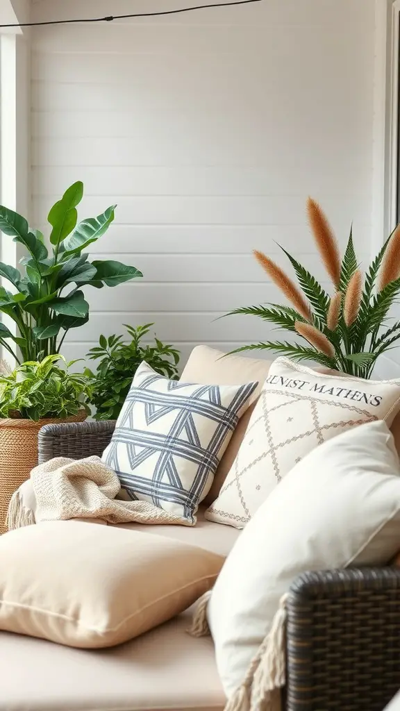 Cozy outdoor seating area with cushions, throws, and plants