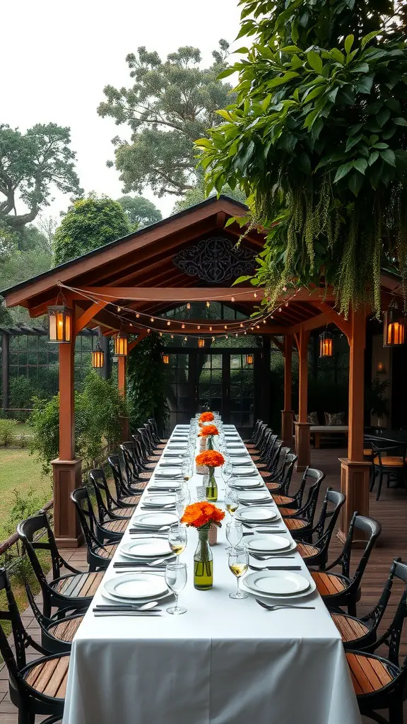 19 Stunning Large Backyard Layout Ideas to Transform Your Outdoor Space 10 A spacious outdoor dining pavilion featuring a long table set for a meal, surrounded by greenery and decorated with orange flowers.