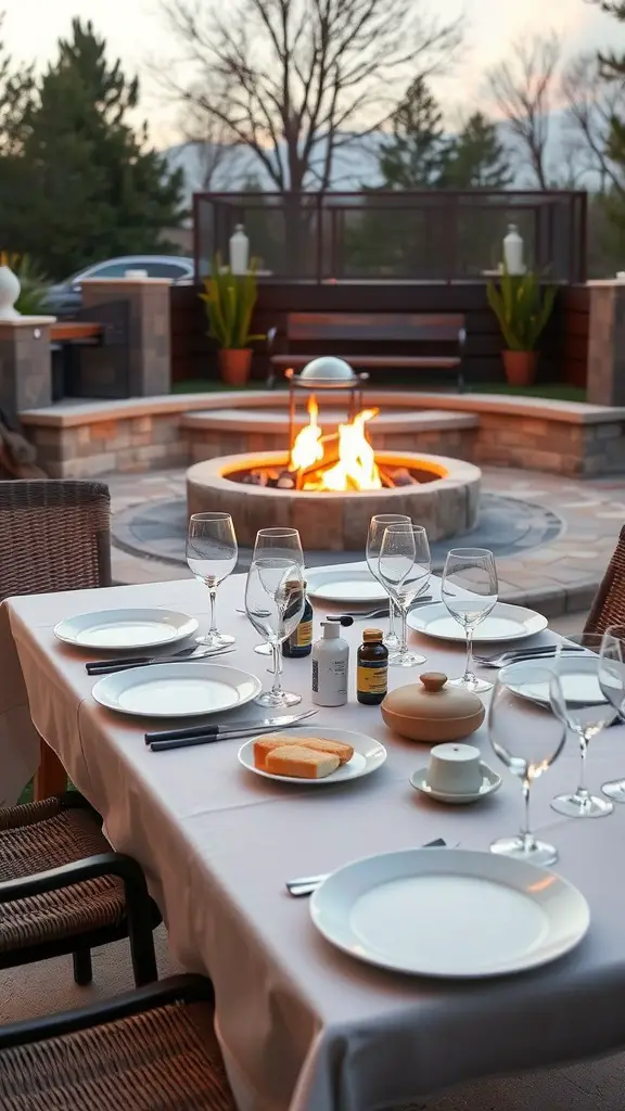 19 Stylish Outdoor Fire Pit Seating Ideas for Cozy Gatherings 8 A beautifully set outdoor dining table near a fire pit, surrounded by trees and cozy seating.